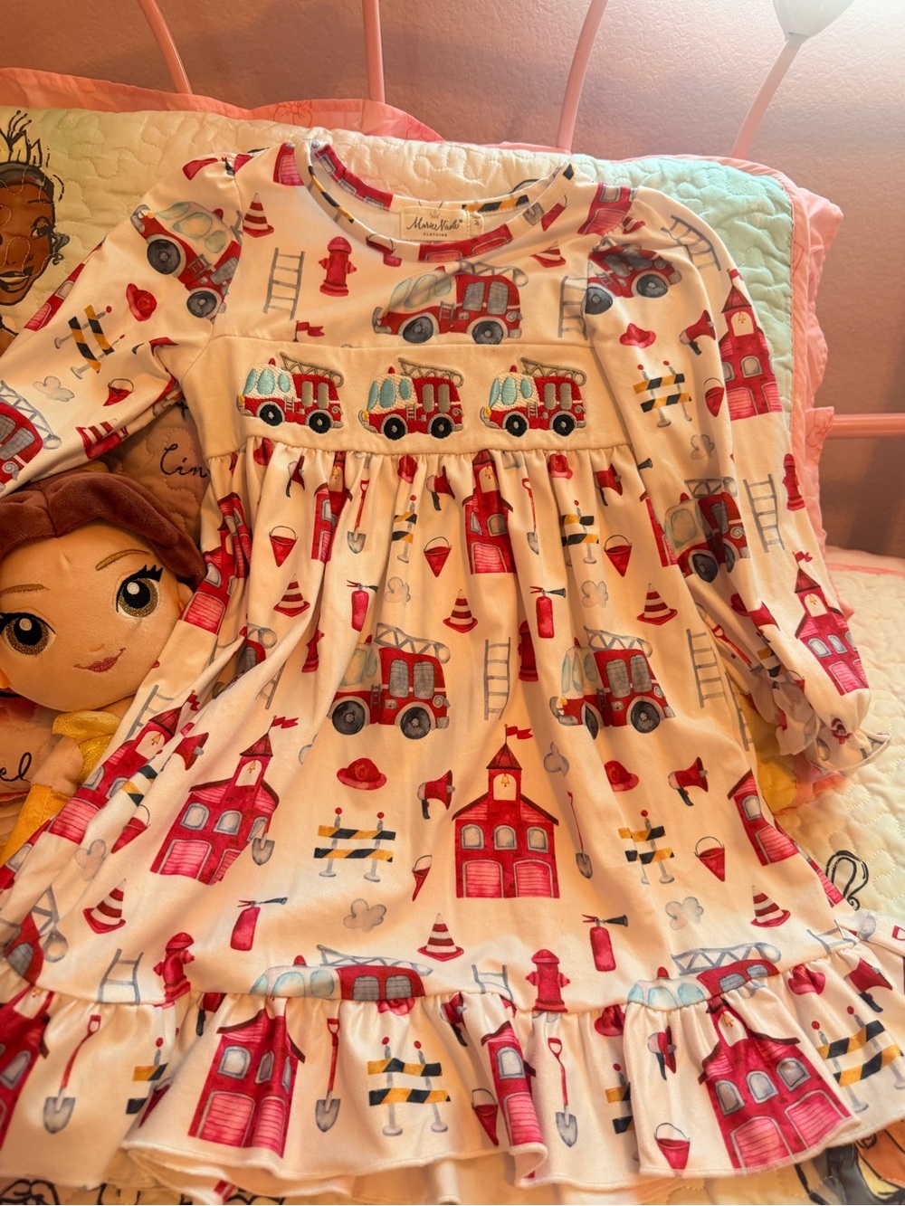 Girls Cream Dress with Red Firetruck Print – Maple Ridge